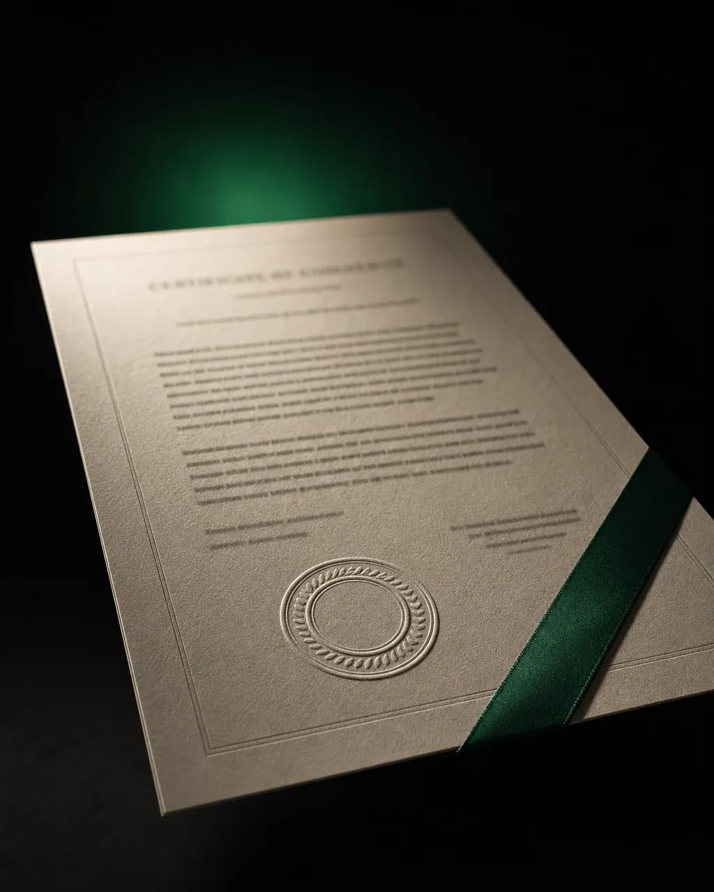 An official certificate of conformity with an embossed seal and a green ribbon, lit in a dark studio