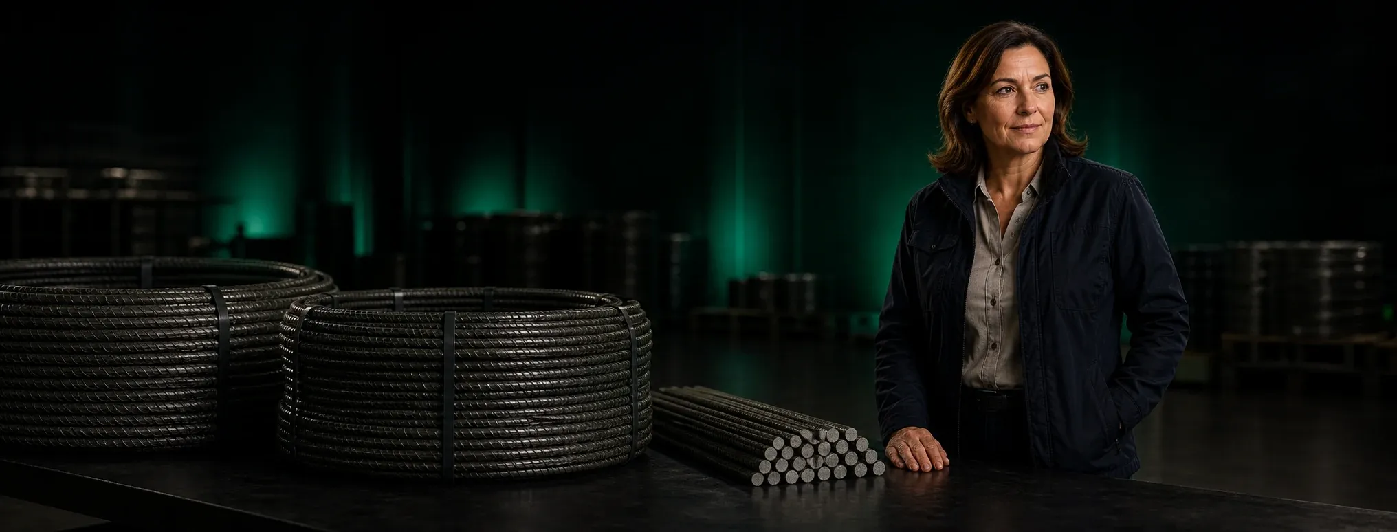 Two GFRP distribution partners with a coil of GFRP rebar — studio portrait